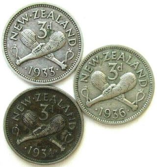 Zealand Coins,  Threepence 1933 & 1934 & 1936,  George V,  Silver 0.  500