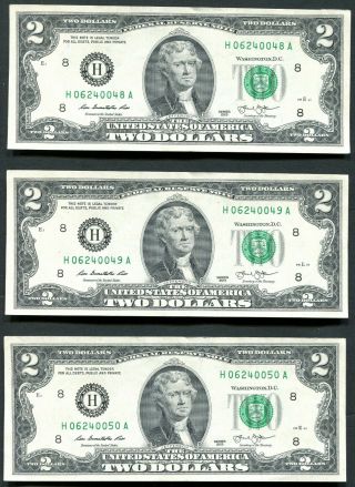 C4 Three Consecutive Numbered $2 Dollar Bills Frn St Louis H Series Crisp Notes