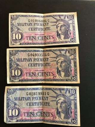 Three United States Military Payment Certificate 10 Cents Series 591 Circulated