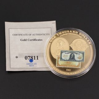 24k Gold Clad Gold Certificate $1000 Banknote A.  Hamilton Commemorative Coin