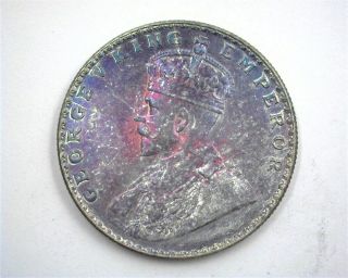India 1912 - B Silver Rupee Gem,  Uncirculated Rainbow