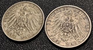 1909f & 1910f Germany (wurttemberg) Silver 3 Mark (2 Coins)