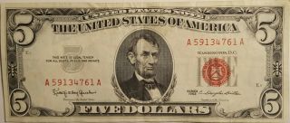 1963 $5 Five Dollar Bill Red Seal Note Circulated