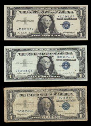 Usa Currency - (3) 1957 $1.  00 Silver Certificates - One Is A Star Note