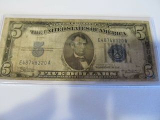 1934 A $5 Five Dollar Bill Silver Certificate Blue Seal Note Ave Circulated
