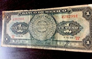 Banco De Mexico Paper Money1 Peso B.  Note Rare Hard Find Aztec Series Fair Cond