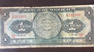Banco DE Mexico Paper Money1 Peso B.  note Rare Hard Find Aztec Series Fair Cond 2