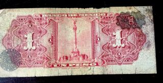 Banco DE Mexico Paper Money1 Peso B.  note Rare Hard Find Aztec Series Fair Cond 3