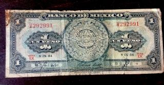Banco DE Mexico Paper Money1 Peso B.  note Rare Hard Find Aztec Series Fair Cond 5