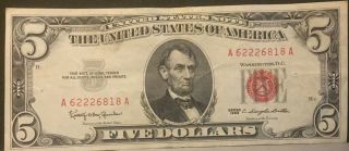 Crisp Five Dollar $5.  00 Red Seal United States Note 1963