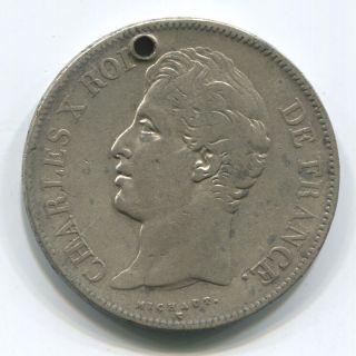 1827 W France Silver 5 Franc.  Holed.  Charles X.  Lille.