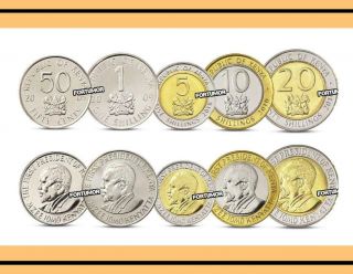 Kenya Set Of 5 Coins,  50 Cents 1 5 10 20 Shillings,  Bimetal,  2005 - 2010,  Unc