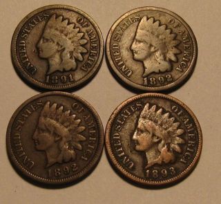 1891 (2) 1892 1893 Indian Head Cent Penny - Mixed - 238sa