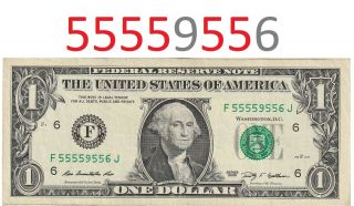 $1 Dollar Bill - Fancy Serial - Trinary - Series 2009 - F 55559556 J