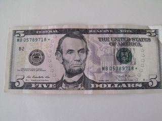 Us Currency $5 Dollar Bill 2013 Star Note Serial Mb 05789718