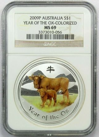 2009 P Australia $1 Year Of The Ox Colorized 1 Oz Silver Ngc Ms69