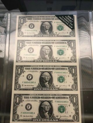 Uncut Currency Sheet Of Four 2003 A,  $1 One Dollar Bills