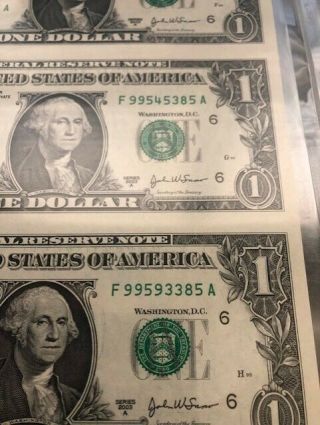 Uncut Currency sheet of four 2003 A,  $1 One Dollar Bills 2