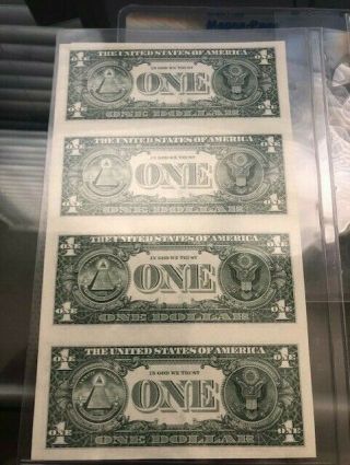 Uncut Currency sheet of four 2003 A,  $1 One Dollar Bills 3