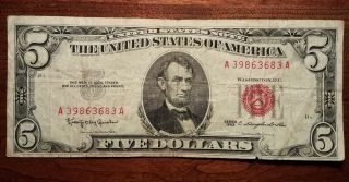 1963 Red Seal $5 Dollar Bill Old Us Paper Money 683a