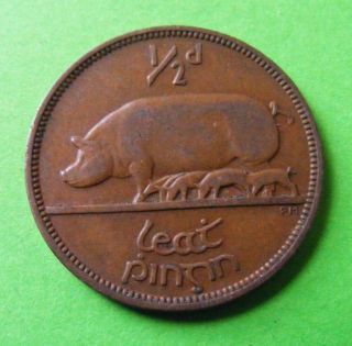 Scarce 1946 Irish Half Penny Coin - Ireland - Pig Piglets Harp