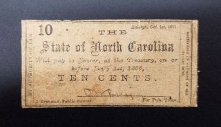 1861 North Carolina 10 Cents Bank Note Currency Civil War Confederate J