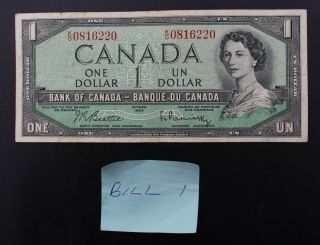 1954 Canada $1 Note; One Dollar Bill K/o0816220; Circulated