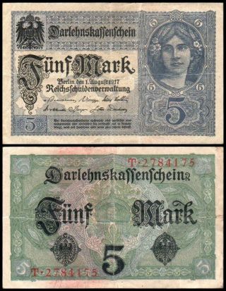 5 Mark 1917 - Reichsbanknote - Series: T2784175 - " Vf "