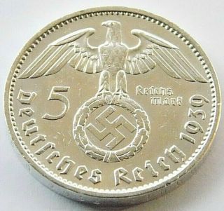 German Coin 5 Mark Reichsmark 1939 J Swastika Hindenburg Silver 3rd Reich Ww2