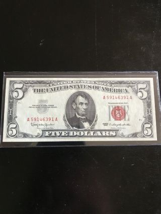 1963 Five $5.  00 Dollars United States Legal Tender Red Seal Note Fr - 1536 1963 $5