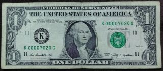 Low Serial Number U.  S.  One Dollar Bill