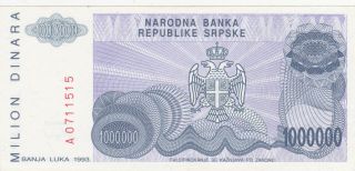 1 000 000 DENARA AUNC BANKNOTE FROM BOSNIAN SERB REPUBLIC 1993 2