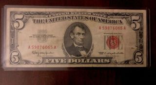 1963 $5 Five Dollar Bill Note Red Seal Circulated With Crisp Paper