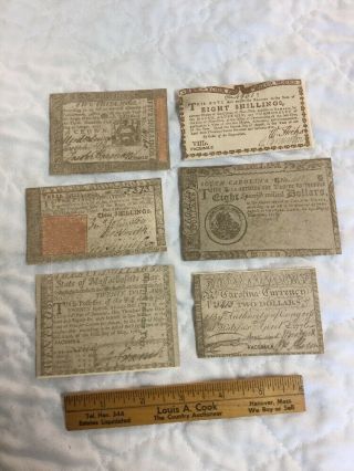 6 Colonial Currency America State Dollars Shillings Notes Old Vintage Facsimile