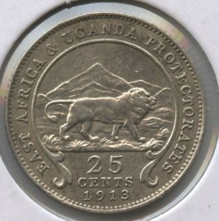 1913 East Africa Uganda 25 Cents Silver Coin - Jb877