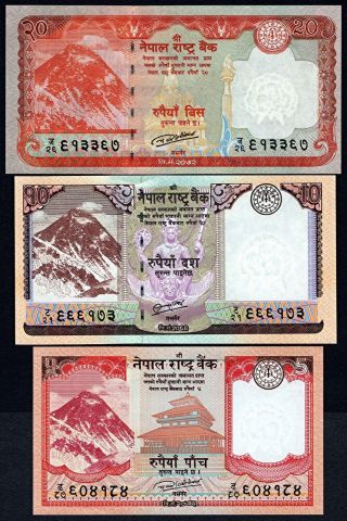 5,  10,  20 Nepal Rupee Set Of 3 Rastra Bank Notes Unc Animals Mt.  Everest