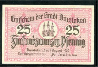 Germany Notgeld Gutschein Dinslaken 25 Pfg 1920 Unc