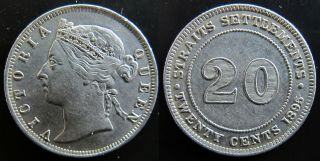 23: 1895 Straits Settlements Malaya Singapore Qv 20 Cents.  800 Silver Coin Xf,