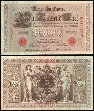 1000 Mark 1910 - Germany Pick:44 Reichsbanknote - Series: 4168281 K R - " F "