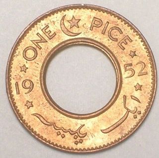 1952 Pakistan Pakistani One 1 Pice Coin W/ Center Hole Xf