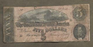 1864 $5 Confederate States Of America Richmond No 2