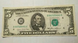 1985 (d) $5 Five Dollar Bill Federal Reserve Note (d 00725441 C) Bill In Pict -