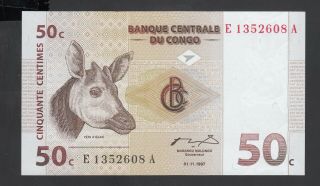 Congo Democratic 50 Centimes 1997 Unc P.  84a,  Banknote,  Uncirculated