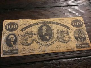 1862 $100 Virginia Treasury Note Civil War Era