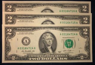 3 Consecutive Uncirculated 2 Two Dollar Bills 2013 - Three Sequential Notes