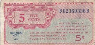 1947 Usa Series 471 5 Cents Military Payment Certificate,  Pick M9