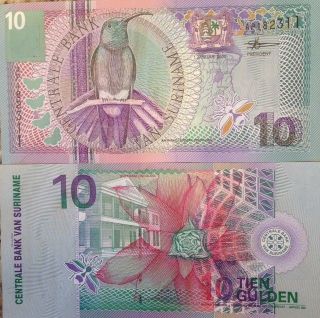Suriname 2000 10 Gulden Unc Note P - 147 Flowers & Green Throated Mango Vibrant