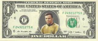 Captain Kirk - William Shatner (star Trek) {color} Dollar Bill - Real Money