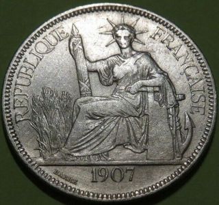 1907 French Indo - China Piastre Silver Coin Vf Cond.  Seated Liberty Design