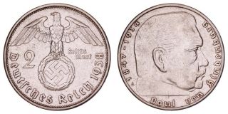 Fb.  378} Germany 3rd Reich 2 Reichsmark 1938a / Silver / Nazi Swastika / Vf